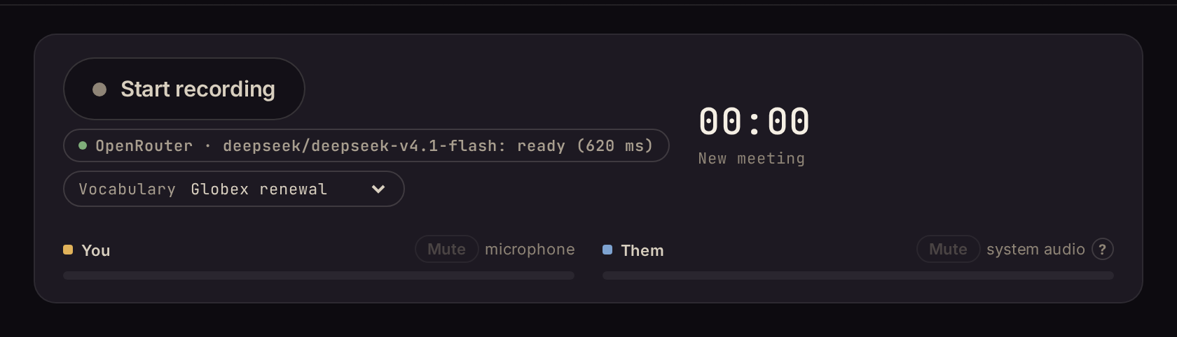 The meeting screen with a vocabulary preset chosen before recording